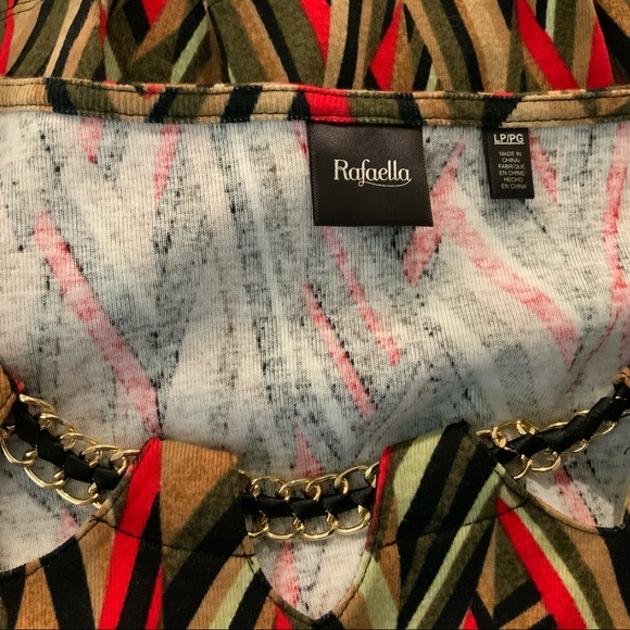 Rafaella Geometric Stripes Earthy Colors Lace Chain Neckline L/P TOP - Picture 12 of 13